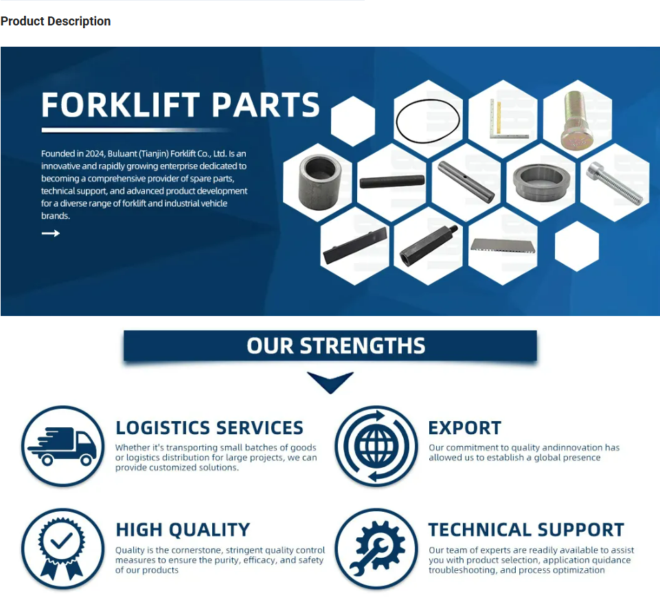Product description for Buluant (Tianjin) Forklift Co., Ltd. featuring Forklift Parts and company introduction. Our Strengths section includes: 1. Logistics Services (customized solutions for small batches or large projects); 2. Export (commitment to quality and innovation for global presence); 3. High Quality (stringent quality control for purity and safety); 4. Technical Support (expert assistance for product selection and process optimization).