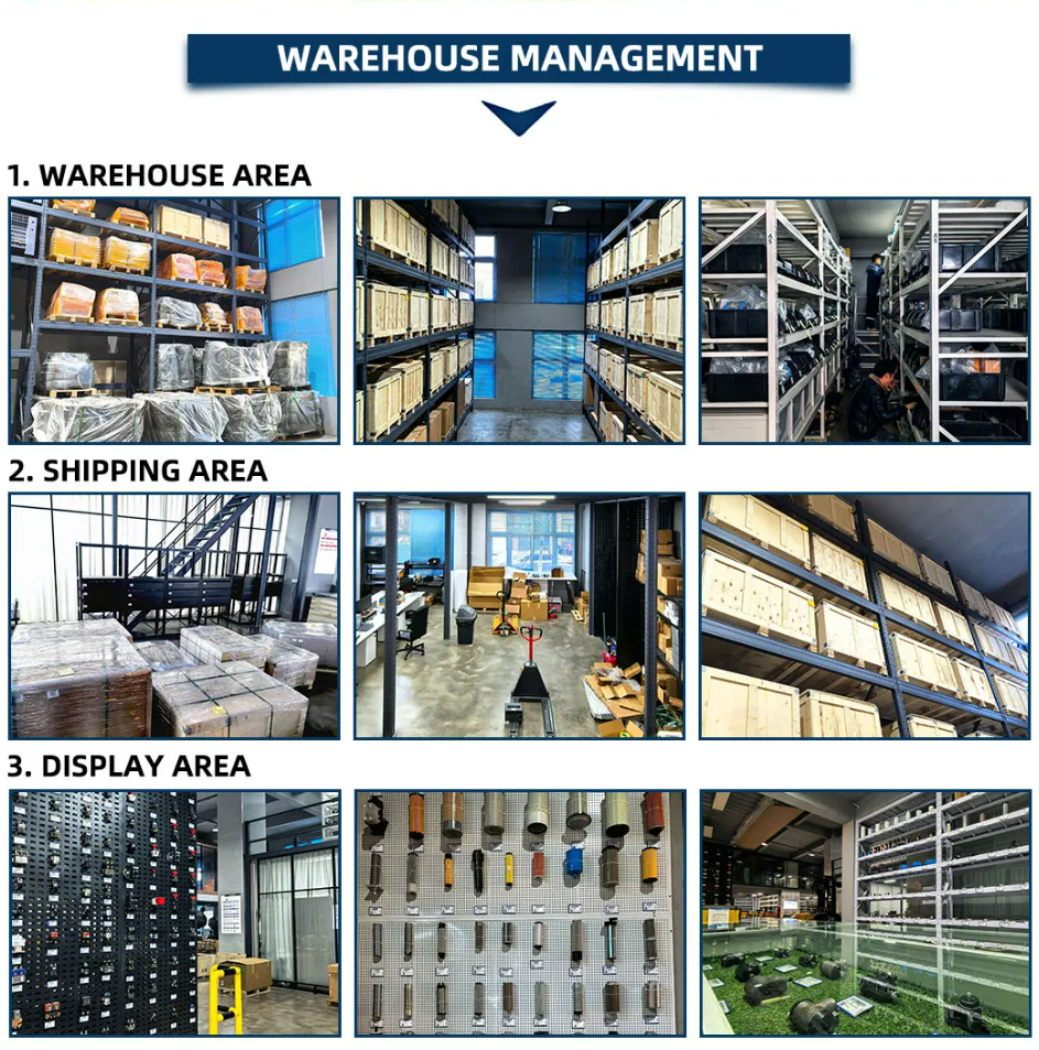Warehouse Management overview of Buluant (Tianjin) Forklift Co., Ltd. The page shows three sections: 1. Warehouse Area, featuring organized high-density racking systems and heavy-duty storage crates. 2. Shipping Area, displaying packed pallets ready for transport, a professional dispatch office, and logistics loading zone. 3. Display Area, showcasing a showroom with forklift spare parts samples on pegboards and glass display cases including filters, starters, and hydraulic components.