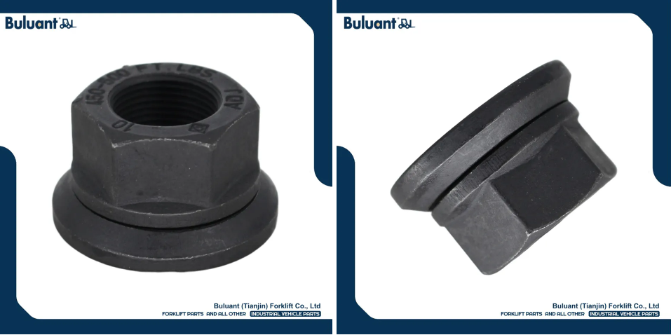 Buluant (Tianjin) Forklift Co., Ltd product display featuring multiple types of forklift engine mounts. The image shows a variety of engine mount models with thickened anti-vibration rubber cores, galvanized metal mounting brackets, and precision-machined fixing holes. Key advantages: strong load-bearing capacity, low noise operation, and compatibility with mainstream forklift brands (KION, HYSTER-YALE, TOYOTA, HELI). Bottom section displays Buluant logo, company name Buluant (Tianjin) Forklift Co., Ltd, and slogan 'FORKLIFT PARTS AND ALL OTHER INDUSTRIAL VEHICLE PARTS'.